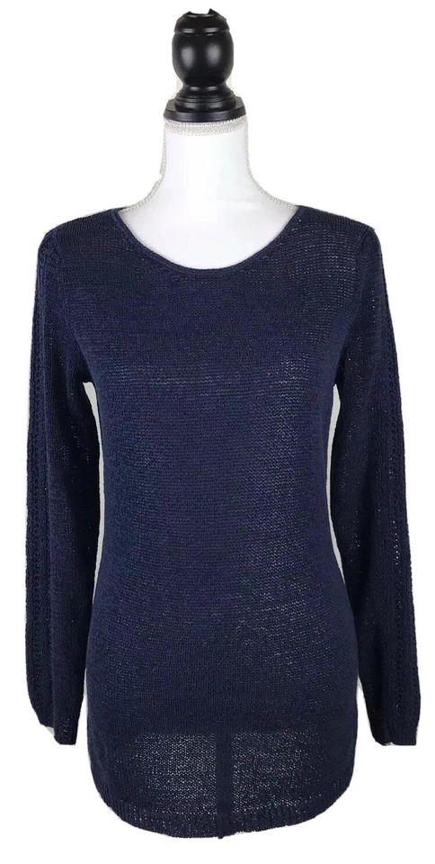 RACHEL ZOE Sweater Open Weave Dark Blue Knit SZ MEDIUM Long Sleeves Cotton Tunic - Image 1 of 4