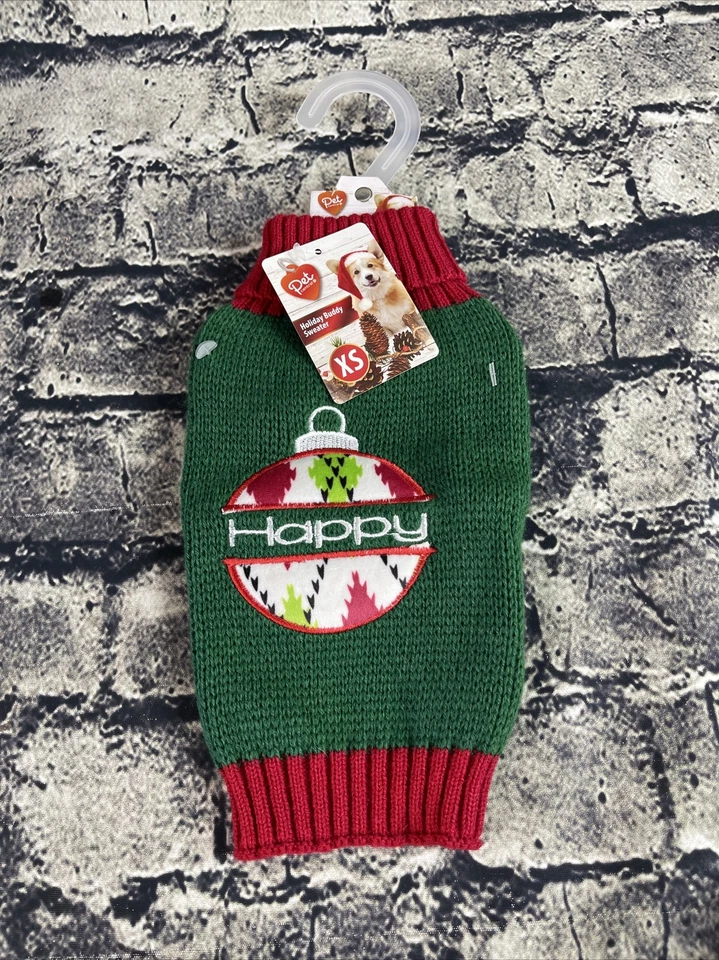 Pet Central Holiday Joy Dog Sweater Christmas Green Happy Size Extra Small