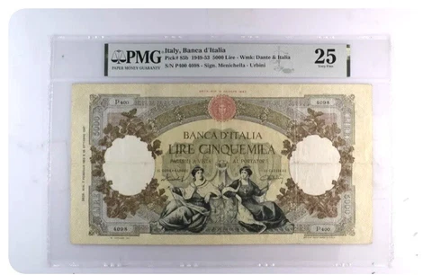 Italy, (TOP POP) 5000 Lire (1949-53) RARE! Banca d'Italia, PMG 25 VF Cover