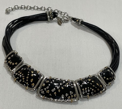 VETEMENTS Collana Chico’s firmata fili ecopelle nera 5 ciondoli cursori argento oro