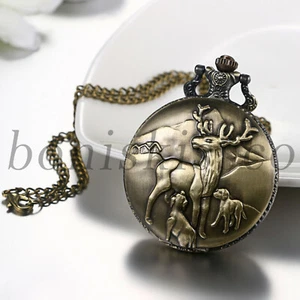 Antique Bronze Deer Animal Patterned Quartz Pocket Watch Necklace Christmas Gift - Picture 1 of 9