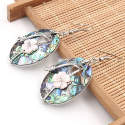 Oval Genuine Abalone Shell Flower Carved Shell Gems Silver Dangle Hook Earrings - Image 1 of 4