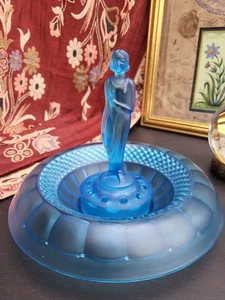 20er Jahre Art Deco Schweig Müller & Co blaues Glas mit Dame & Blumenfrosch - Bild 1 von 15