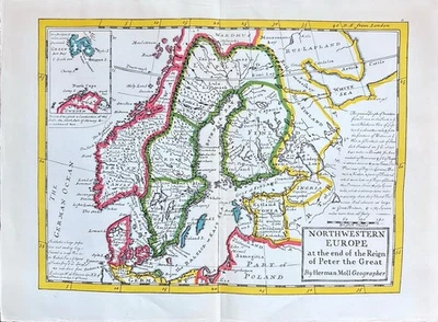 Antiguo mapa vintage NOROESTE DE EUROPA fin del reinado de Pedro el Grande 11"x8" Foto 1 de 2