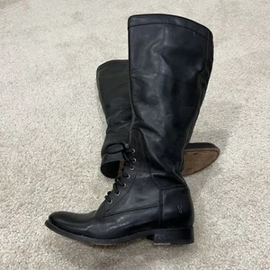Frye Melissa Riding Lace Up Black Leather Tall Boots Side Zip Women Size 5.5 B - Picture 1 of 24