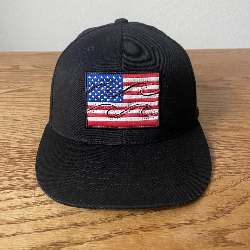 Billabong Hat Cap Fitted Mens 7 1/4-7 5/8 Black American Flag Patch Surf Flexfit - Image 1 of 4