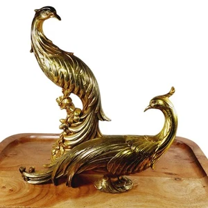 Vintage Mid Century Syroco Pair Gold Peacocks Bird Statues Figurines 13" - Picture 1 of 13