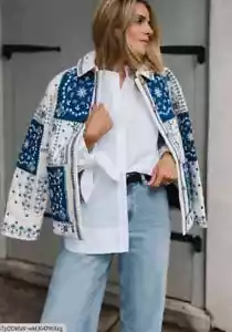Caroline Constas womens Patchwork Print Smith Jacket Medium White Blue Quilted - Picture 1 of 9