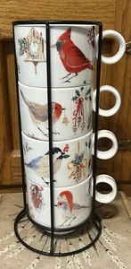 4er Set Stapelbar GRACE TEEGESCHIRR Feinporzellan Weihnachten Vögel Tassen mit Halter - Bild 1 von 6