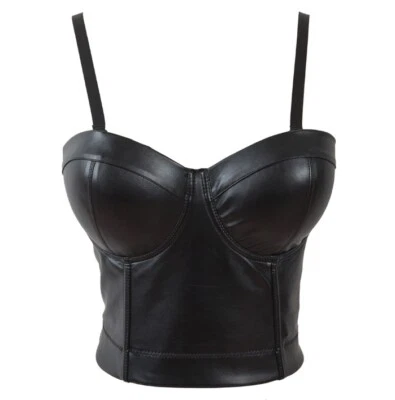 Dama Cuero PU Tanque Bustier Sujetador Chaleco Top Corto Blusa Correas de Espagueti Club Sexy Foto 1 de 4