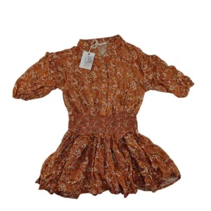 Floral Smocked Waist Girls Mini Dress Size L 10-12 Puff 3/4 Sleeve Rust Orange - Picture 1 of 10