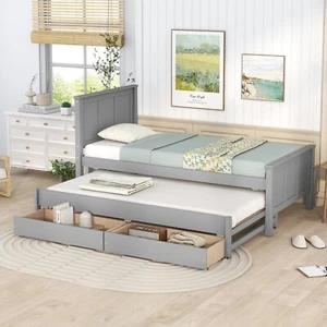 Twin Size Platform Bed with Trundle and Drawers, Gray - Picture 1 of 12