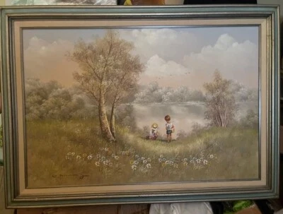 Óleo sobre lienzo vintage "Children at Lake" de C. Manning, enmarcado y firmado, GRANDE Foto 1 de 4