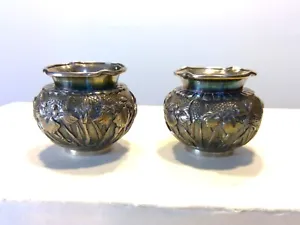 Pair of Antique Chinese Silver Floral Repousse Salt Cellars Dips - Picture 1 of 18