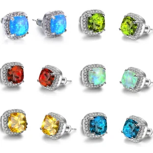 Wedding 6 Pcs Lot Square Opal Citrine Peridot Garnet Gems Silver Stud Earrings - Picture 1 of 7