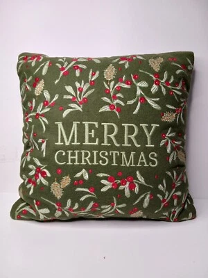 Embroidered Throw Pillow Merry Christmas Berries And Pine Cones 18 In X 18 In... - Image 1 of 4