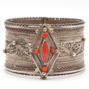 Vintage Sterling Silver Red Coral Filigree Hinged Bangle Bracelet, 7" - Picture 1 of 7