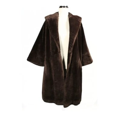 Vintage 1960s Brown Faux Fur Coat Open Front Formal Union Made Size Medium - Image 1 of 4