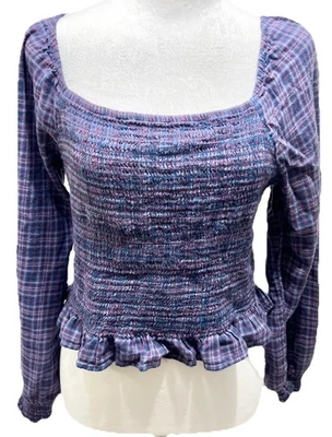 So Milkmaid Top Womens Size L Purple Plaid Puff Sleeve Smocked Crop Cottagecore - Image 1 of 4