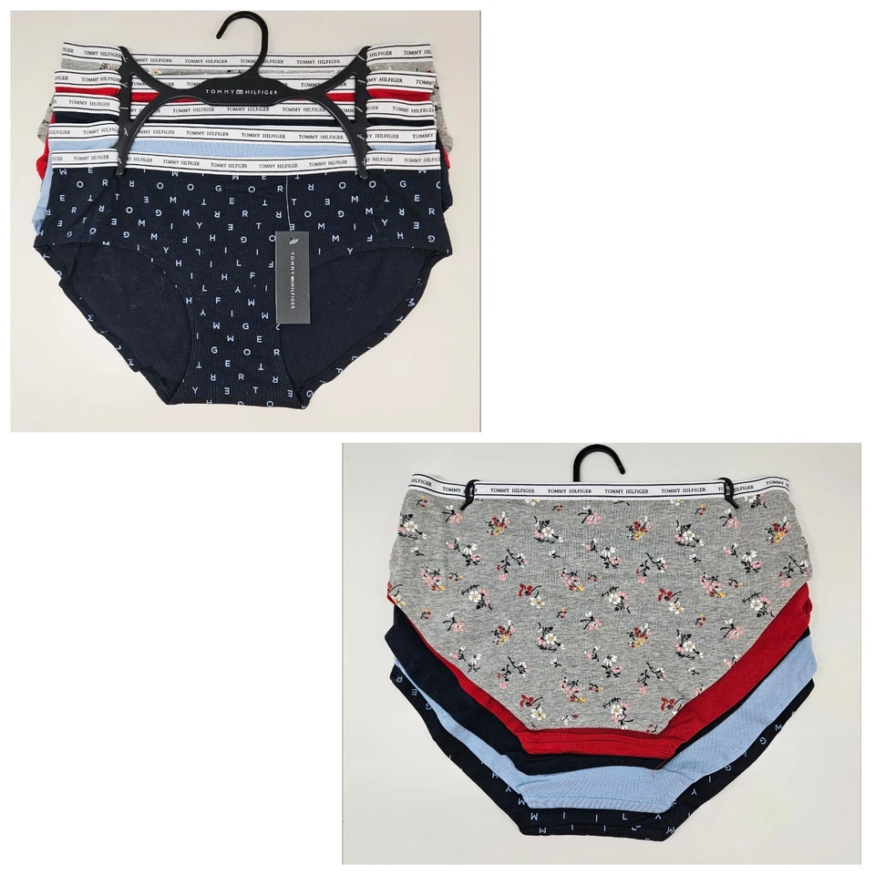 TOMMY HILFIGER 5 件装女式 M L XL 标志棉质时髦内裤灰色红色海军蓝 — 第 1/4 张图片