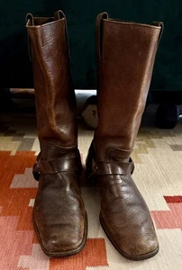 Vintage Frye Brown Leather Harness Engineer Square Toe Biker Boots USA Made 10.5 - Picture 1 of 14