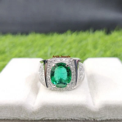 Kunstdiamanten Grown Smaragd Edelstein Mit 925 Sterling Silber Ring für Herren # - Bild 1 von 4