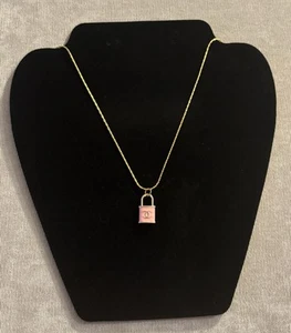 Authentic Chanel Small Pink Lock Style Charm Necklace Gold Plated Chain 18” - Picture 1 of 5