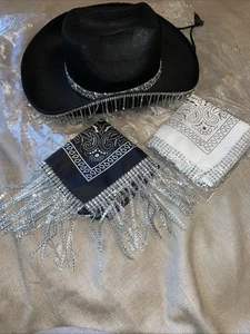 Western Style Black Hat Costume Either Beads And Scarf - Picture 1 of 14