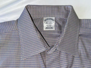 Camicia elegante Brooks Brothers rosso blu marrone chiaro L/S taglia 17 33 Regent usata in ottime condizioni XL - Foto 1 di 3