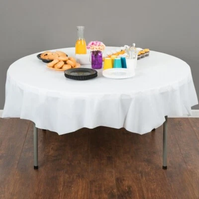 (12)CREATIVE CONVERTING 82" WHITE PLASTIC ROUND TABLE COVER SINGLE USE, USA MADE - Image 1 of 4