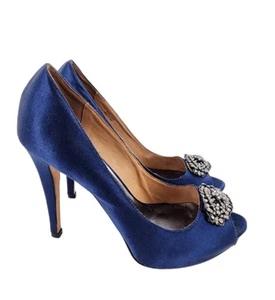 Badgley Mischka Blue Satin Peeptoe Heels sz 9.5 Wedding Evening Shoes Crystals - Picture 1 of 7
