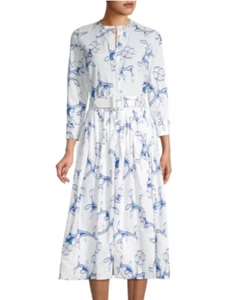 Oscar de la Renta Kleid weiß & azurblau beflockt Blumen bestickt Größe 10 - neu ohne Etikett - Bild 1 von 3