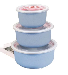 Wheat Straw Bowl Set of 3 Unbreakable Plastic Dishes Microwave Safe W/ Lids - Picture 1 of 5