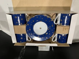 Vintage Sakura Galaxy Holiday Dinnerware Set of 4 Blue Cups & Saucers 14K Stars - Picture 1 of 2