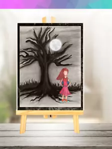 ACEO Art Print Black & White Tree w/ Girl in Pink Dress Drawing Cartoon Artwork - Picture 1 of 5