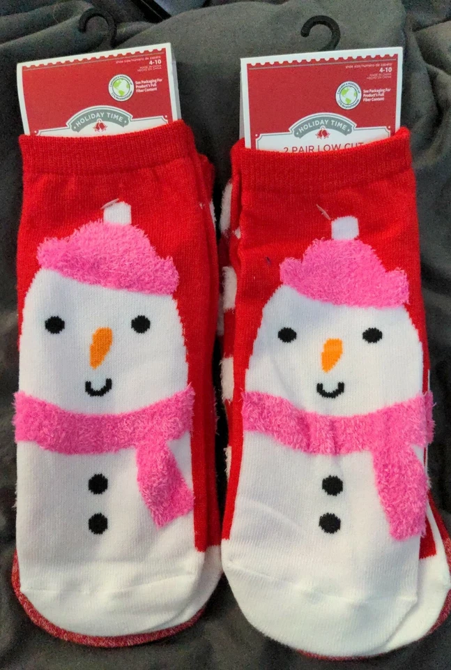 Lote de 2:2 PARES DE CALCETINES NAVIDEÑOS SUAVES Y ACOGEDORES - MUÑECO DE NIEVE Y RAYAS ROJAS TALLA 4-10 Foto 1 de 3