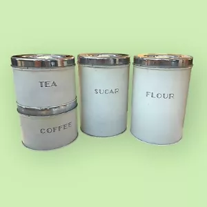 Set 4 contenitori da cucina coperchio vintage MCM cromato coperchio da cucina art deco oggetti di scena USA - Foto 1 di 5