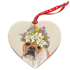 Bulldog Porcelain Floral Heart Shaped Ornament Décor Double-Sided - Picture 1 of 2