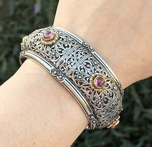 KONSTANTINO Ornate Sterling Silver & 18K Gold Pink Tourmaline Cuff Bracelet NR!