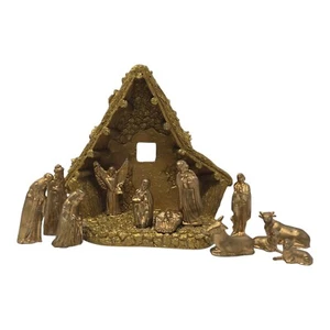 Gold Christmas Nativity Set Vintage Plastic Mini 13 Piece Miniature Set - Picture 1 of 18