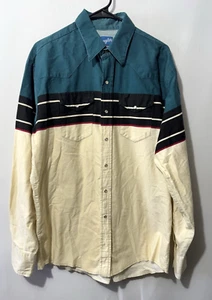 Vintage Wrangler Block Striped Beige Teal Shirt Pearl Snap Mens Size XL 90s - Picture 1 of 6