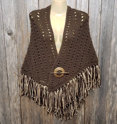 NEW Brown Eyelet Hand Knitted Knit Shawl Wrap Boho Hippie Fringed Knit - Image 1 of 4