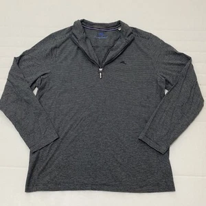 Tommy Bahama camicia uomo pullover grande 1/4 zip manica lunga nero grigio righe - Foto 1 di 12