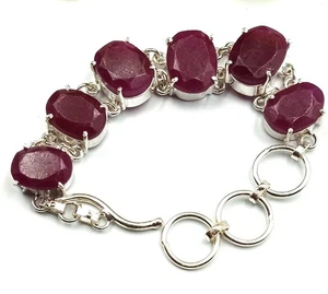 Pink Ruby Gemstone Handmade 925 Sterling Silver Jewelry Bracelet Size-7-8" - Picture 1 of 4