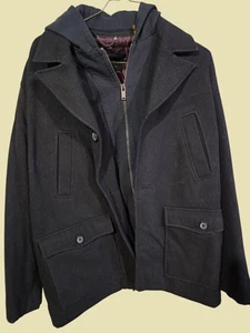 GUESS Men’s Peacoat Jacket Large L Black Hood Zip Quilted Lined - Picture 1 of 8