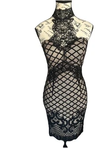 Women’s Entry Black Nude Lace Mesh Collar Mini Cocktail Dress Size S NWT - Picture 1 of 6