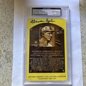 Warren Spahn Signed Gold HOF Plaque Postcard Yellow Braves Autograph PSA/DNA - Picture 1 of 3