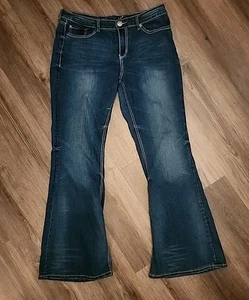 Seven 7 Womens Jeans 32 Flare Dark Wash Blue Denim Embroidered Wide-Leg - Picture 1 of 12