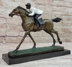 WONDERFUL PURE BRONZE HORSE AND JOCKEY RACEHORSE STATUE SCULPTURE LARGE - Picture 1 of 10