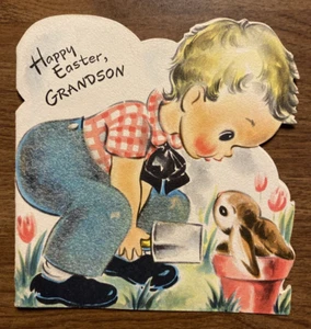 Vtg 1940s Hallmark Happy Easter Grandson Greeting Card Young Boy w/ Bunny P3B - Picture 1 of 17